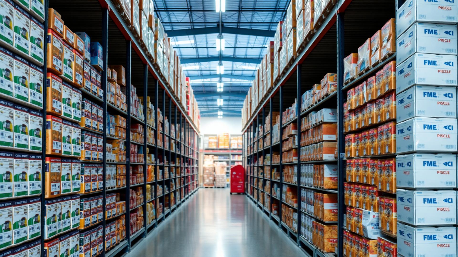 Organized supermarket distribution warehouse aisle